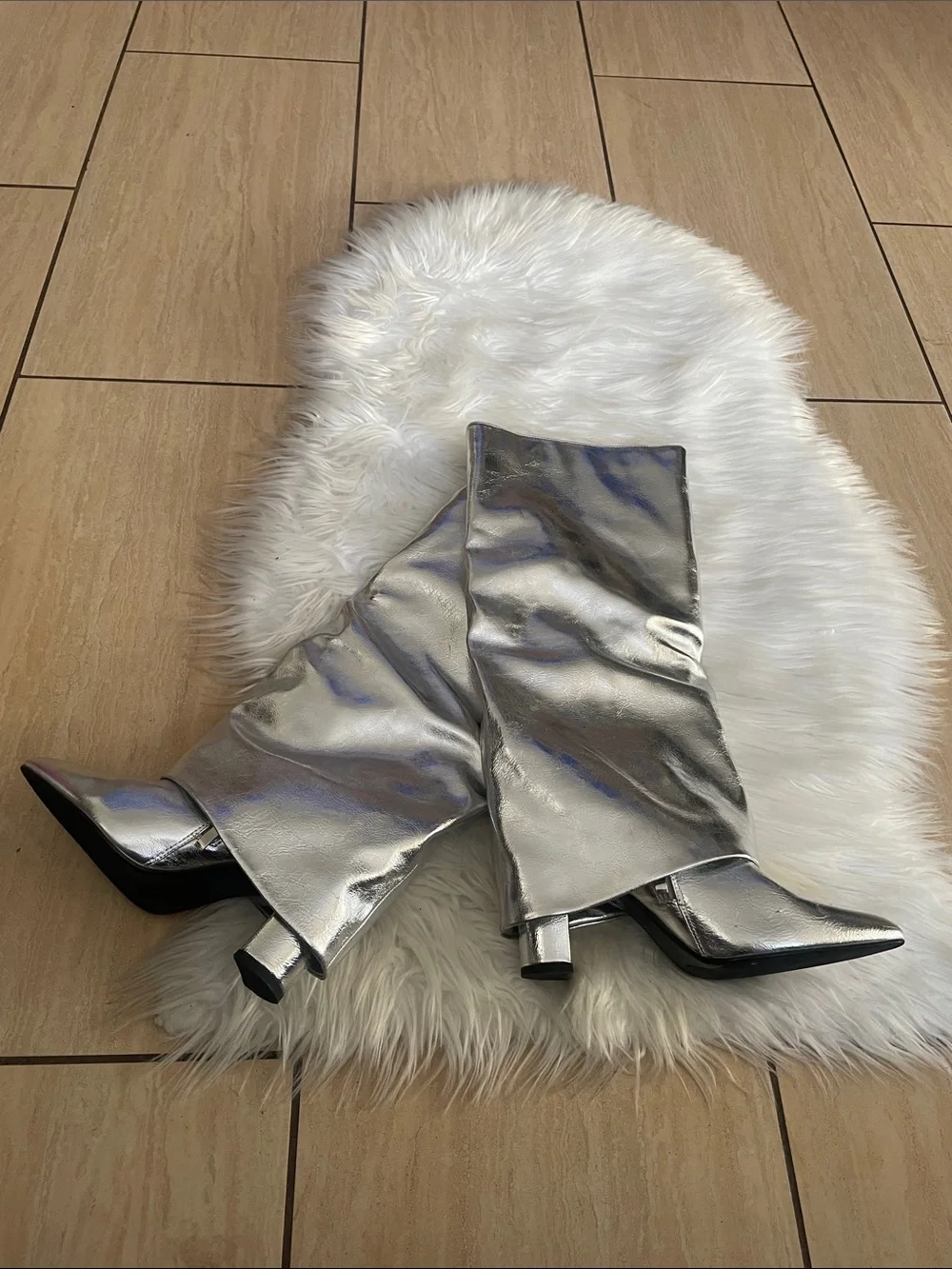 Metallic Silver Fold Over Pointy Toe, Knee High Boots
